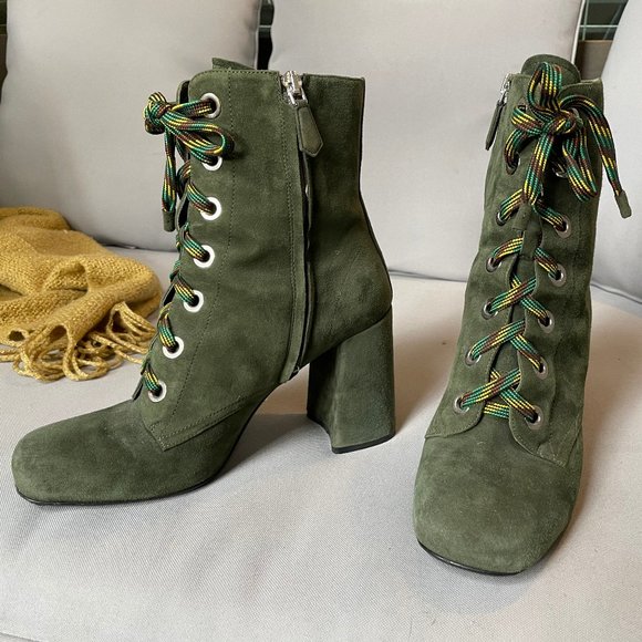 Prada Military Green Suede Lace-up Ankle Booties - Picture 2 of 6